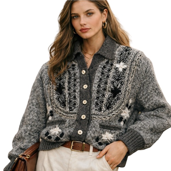 Vintage Sweaters - Vintage Wool Knit Cardigan Gray Embroidered Women's Jacket XL